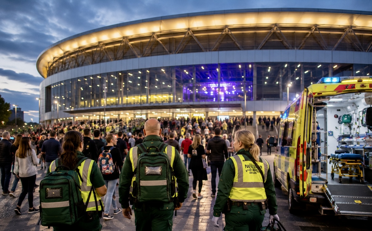 Ambulance crew arriving at a major UK live venue before crowds enter
