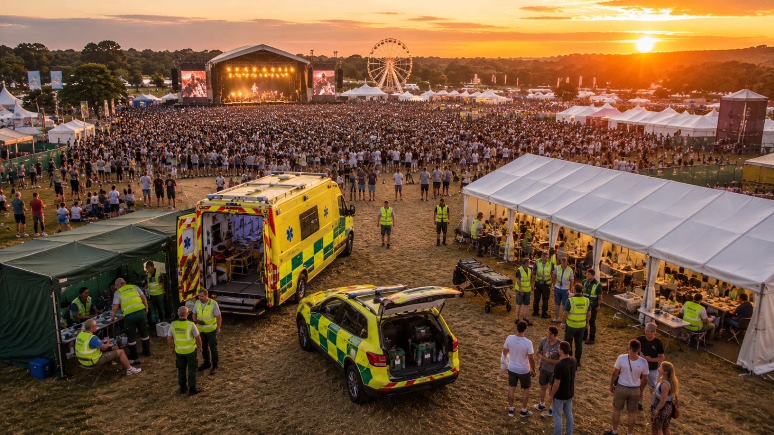 Festival medical base and treatment area supporting a large outdoor music event