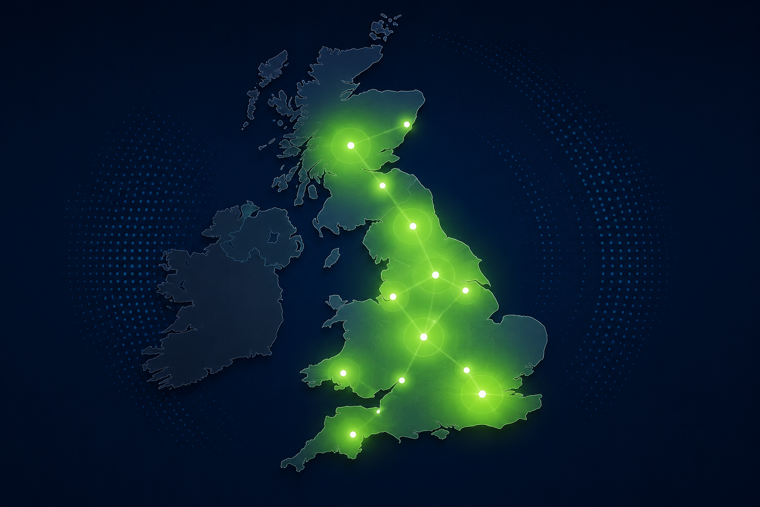 UK event medical coverage heatmap illustrating national service reach across major regions including Scotland, Northern England, the Midlands, Wales, London and the South Coast