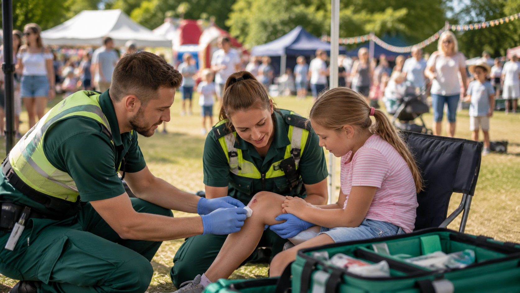 First aid staff supporting families at a local community event