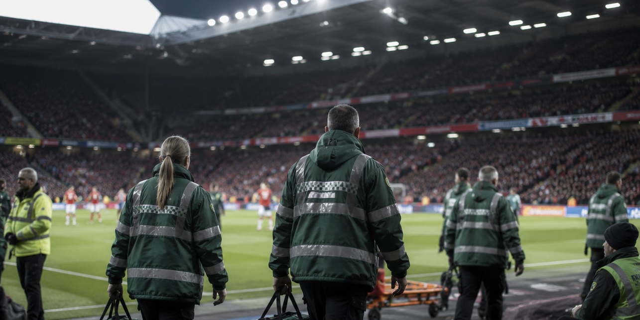 Sports medics walking pitchside at a packed football stadium