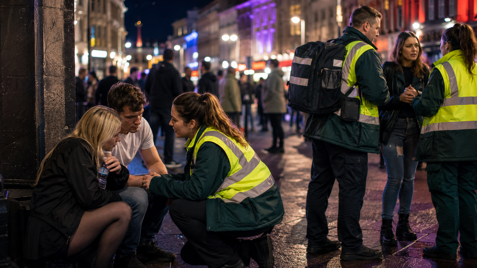 Night welfare team providing reassurance and support in a busy city centre